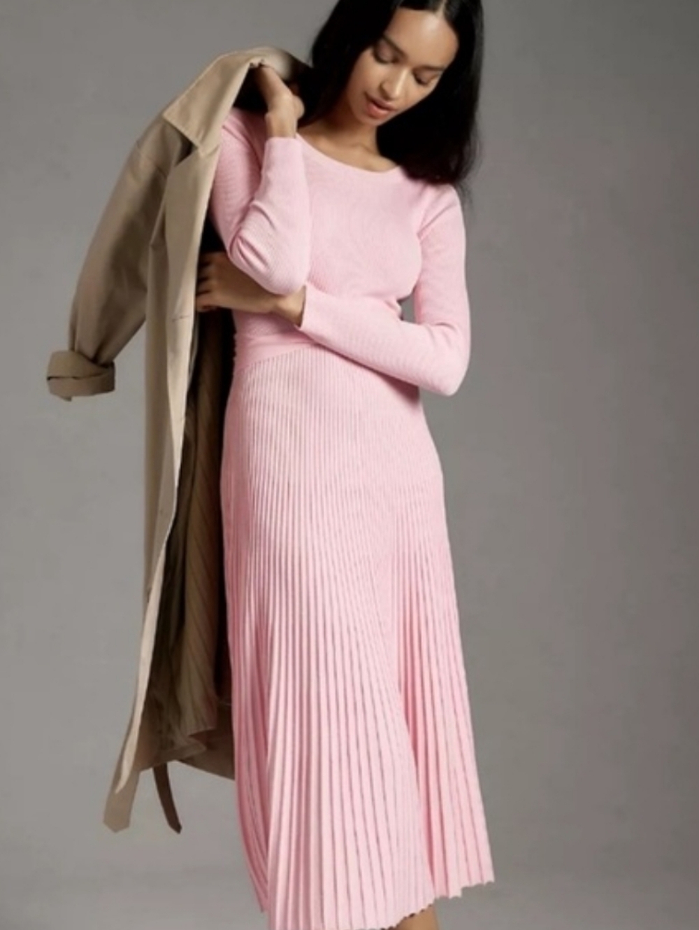 Anthropologie Pink Long-Sleeve Knot Front Pleated Maxi Dress